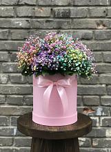 Цветочная композиция из Гипсофила и Розы в шляпной коробке в Бешпагире
