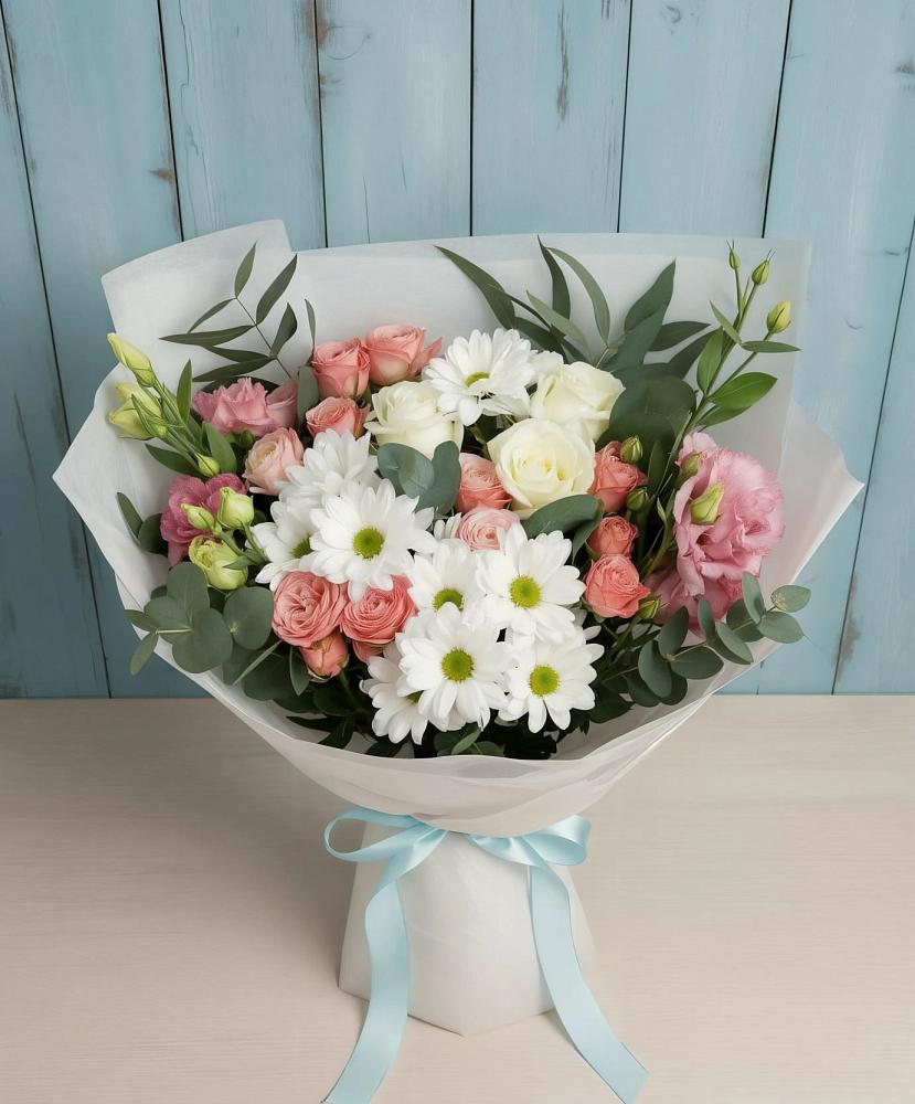 Букет цветов из: Розы, Лизиантусы и Хризантемы в Бешпагире