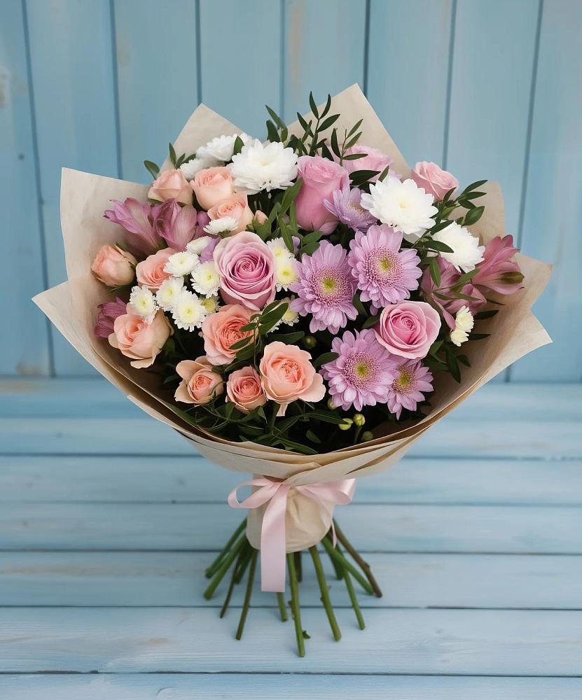 Букет цветов из: Хризантемы, Розы и Альстромерии в Бешпагире