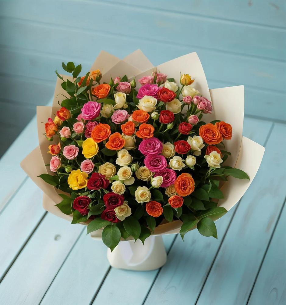 Букет Микс из разноцветных кустовых роз в Бешпагире