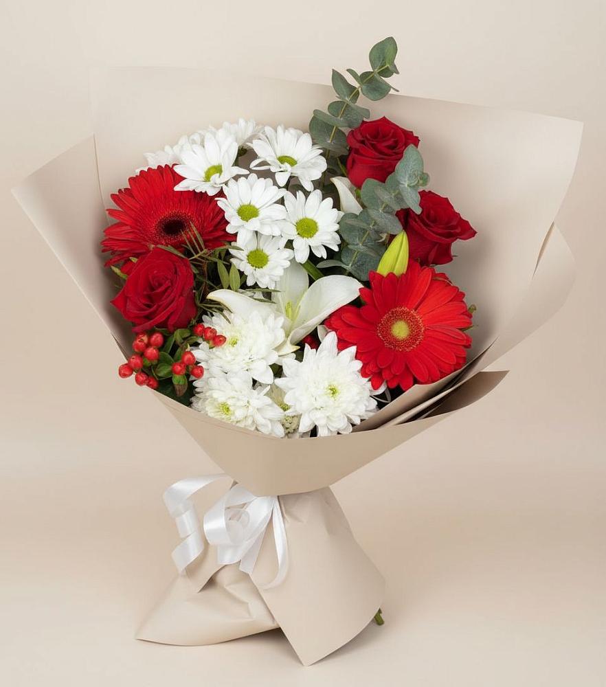 Букет цветов из: Розы, Хризантемы, Герберы и Лилии в Бешпагире