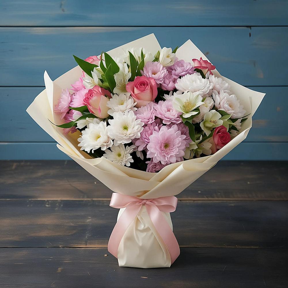 Букет цветов из: Хризантемы, Альстромерии и Розы в Бешпагире